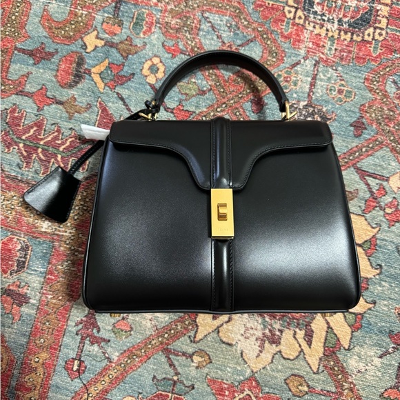 CELINE 16 Small Black Satinated Calfskin Bag FULL SET Top Handle Cross Body - Picture 4 of 15